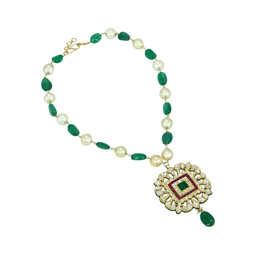 Emerald and Ruby Pendant Necklace with Polkis and Pearl Beads